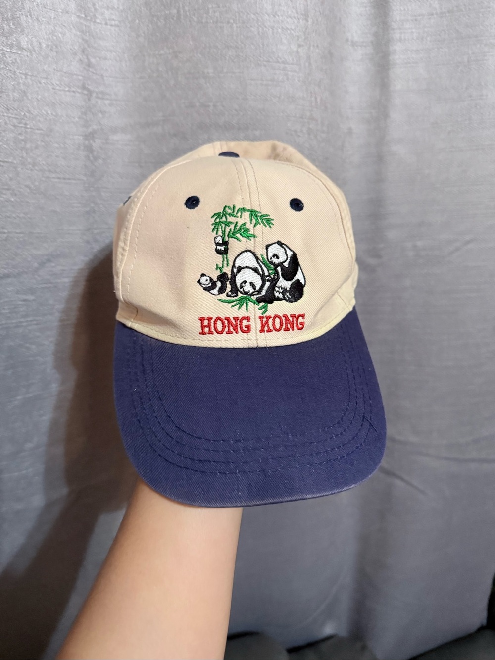 Beige and Navy Panda Baseball Cap - Hong Kong Embroidered